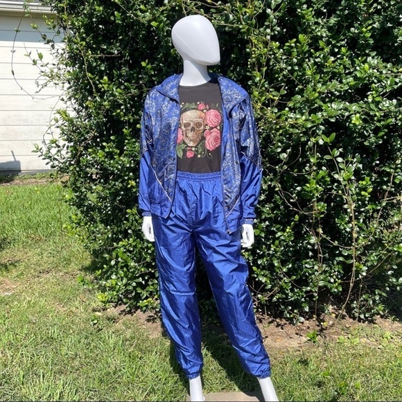 VINTAGE Chaver Graphic Print Royal Blue Parachute Ski Jacket & Pants - Picture 2 of 15